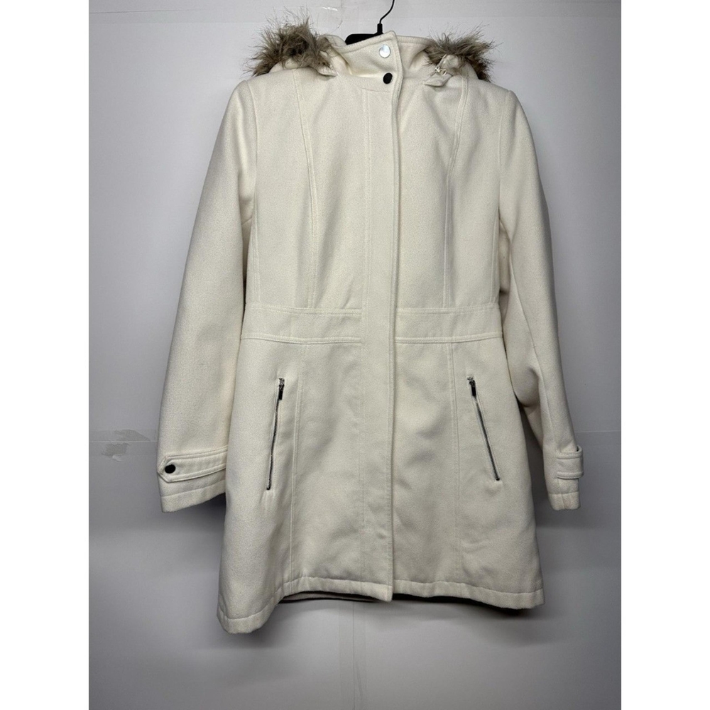 Metaphor Women's White Hooded Coat with Faux Fur Trim